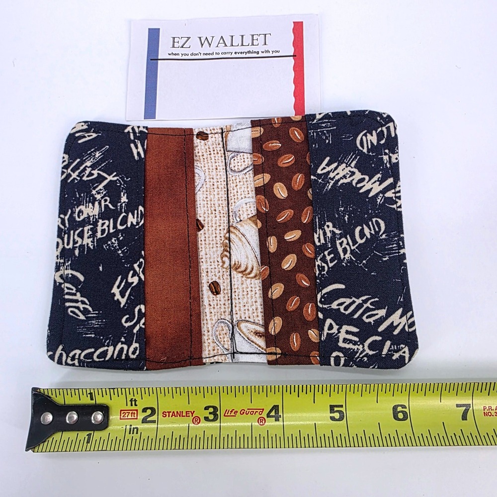 EZ Wallet Coffee Print Fabric Slim Bifold Card Holder Navy Brown Barista Style - Picture 4 of 5